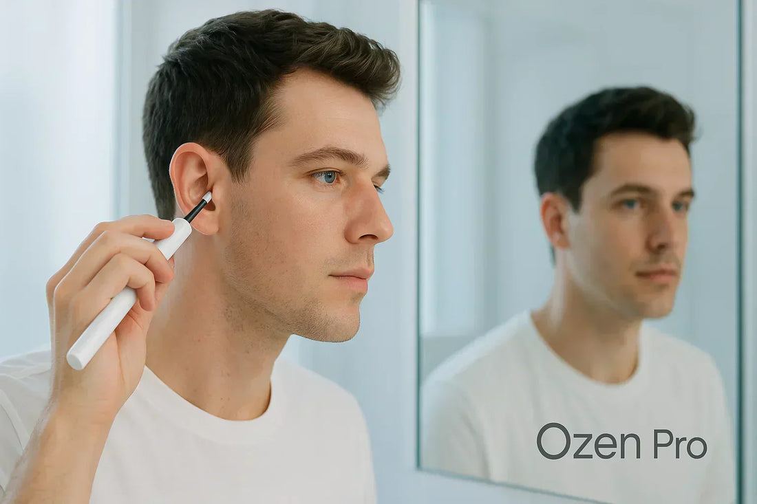 אדם משתמש במנקה אוזניים חכם Ozen Pro מול מראה בחדר אמבטיה מודרני לניקוי אוזניים בצורה בטוחה
